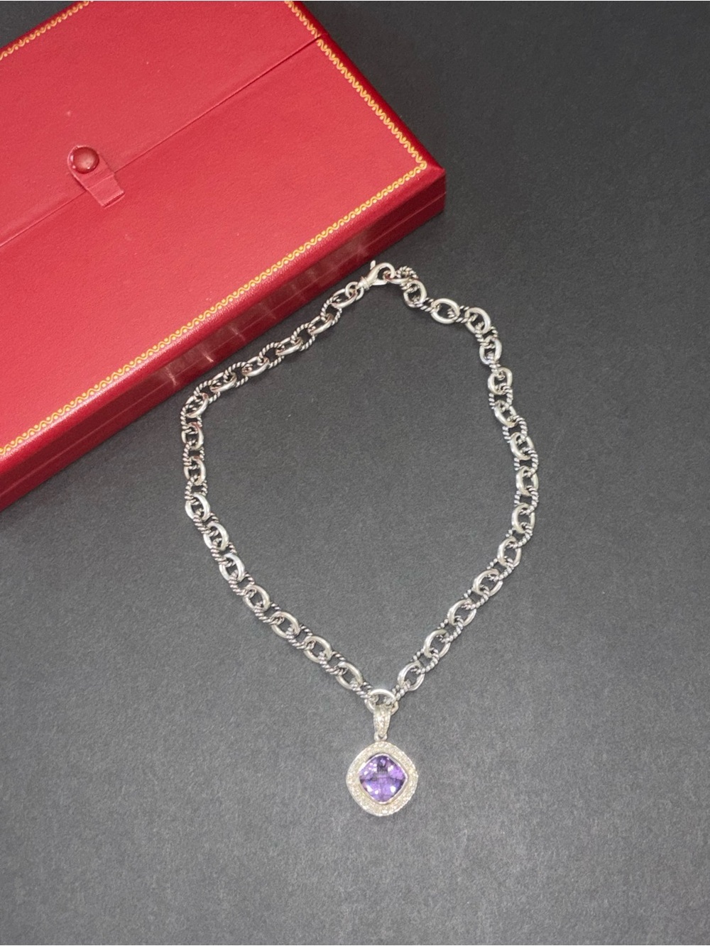 Silver Chain Necklace with Purple Gemstone Halo Pendant